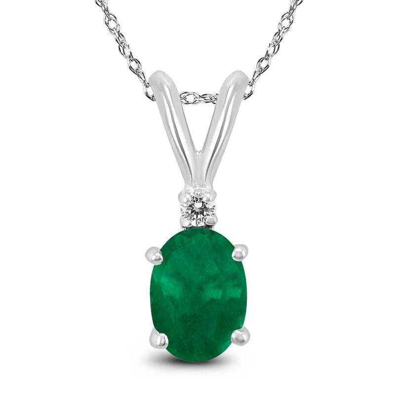 14K White Gold 5x3MM Oval Emerald and Diamond Pendant