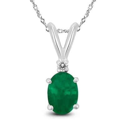 14K White Gold 5x3MM Oval Emerald and Diamond Pendant