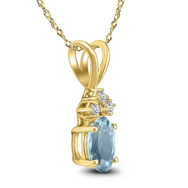 14K Yellow Gold 6x4MM Oval Aquamarine and Diamond Pendant