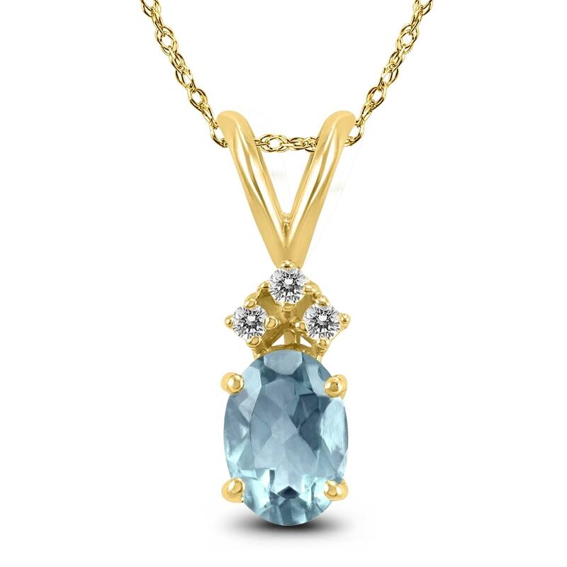14K Yellow Gold 6x4MM Oval Aquamarine and Diamond Pendant