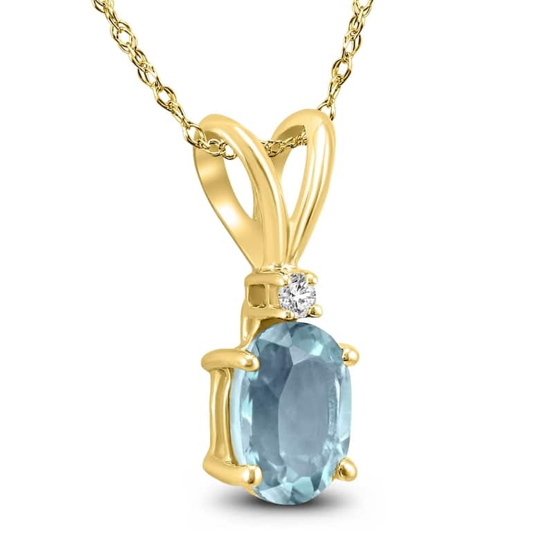 14K Yellow Gold 6x4MM Oval Aquamarine and Diamond Pendant