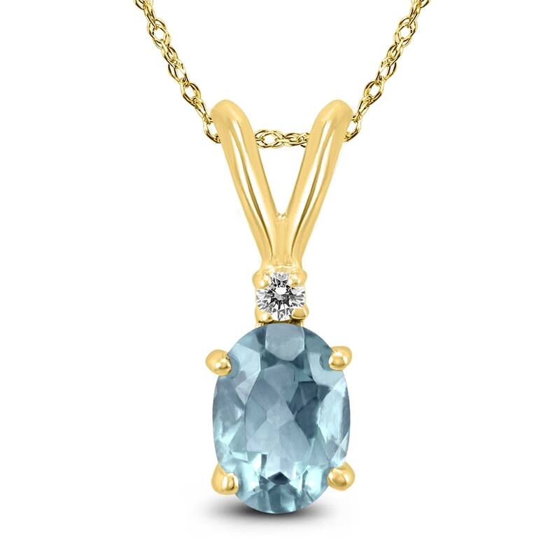 14K Yellow Gold 6x4MM Oval Aquamarine and Diamond Pendant