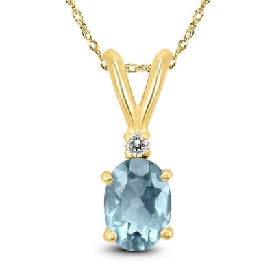 14K Yellow Gold 6x4MM Oval Aquamarine and Diamond Pendant
