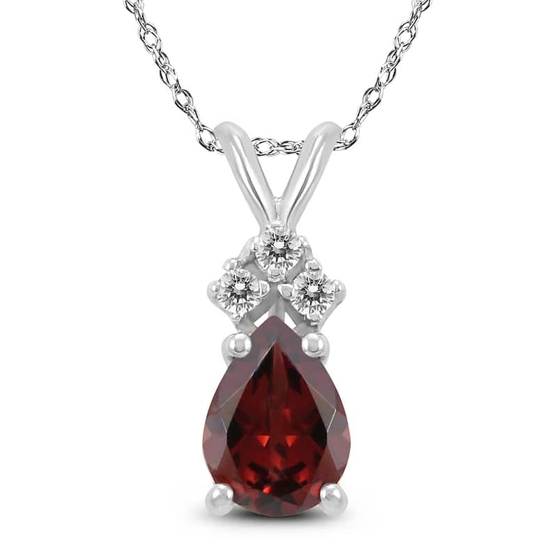 14K White Gold 7x5MM Pear Garnet and Diamond Pendant