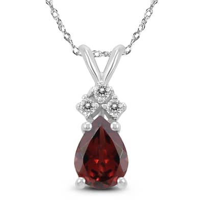 14K White Gold 7x5MM Pear Garnet and Diamond Pendant