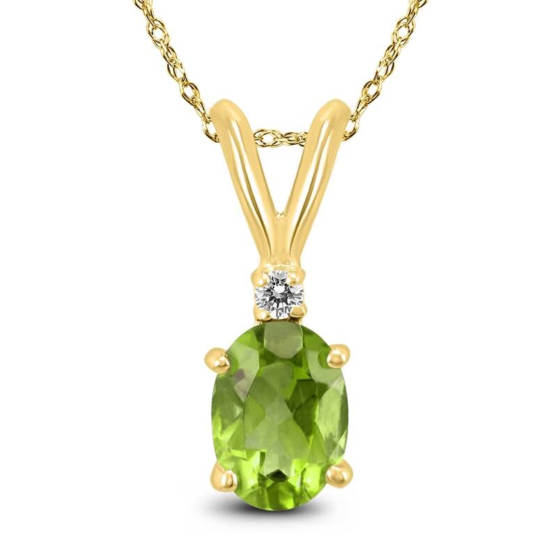 14K Yellow Gold 8x6MM Oval Peridot and Diamond Pendant