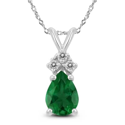 14K White Gold 6x4MM Pear Emerald and Diamond Pendant