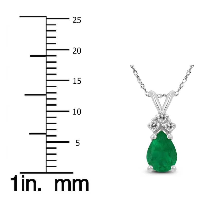14K White Gold 6x4MM Pear Emerald and Diamond Pendant