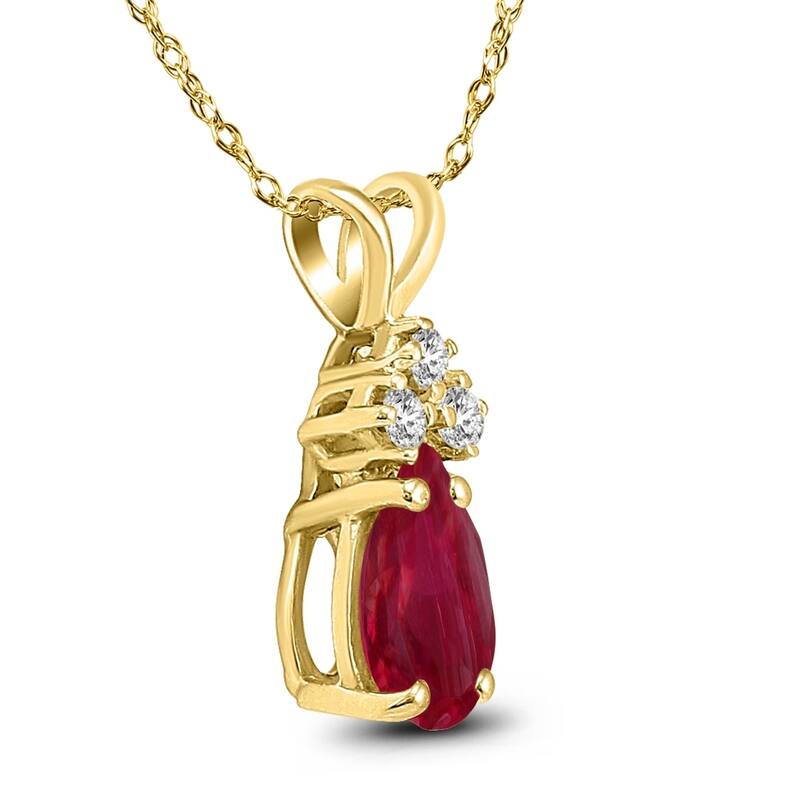 14K Yellow Gold 6x4MM Pear Ruby and Diamond Pendant