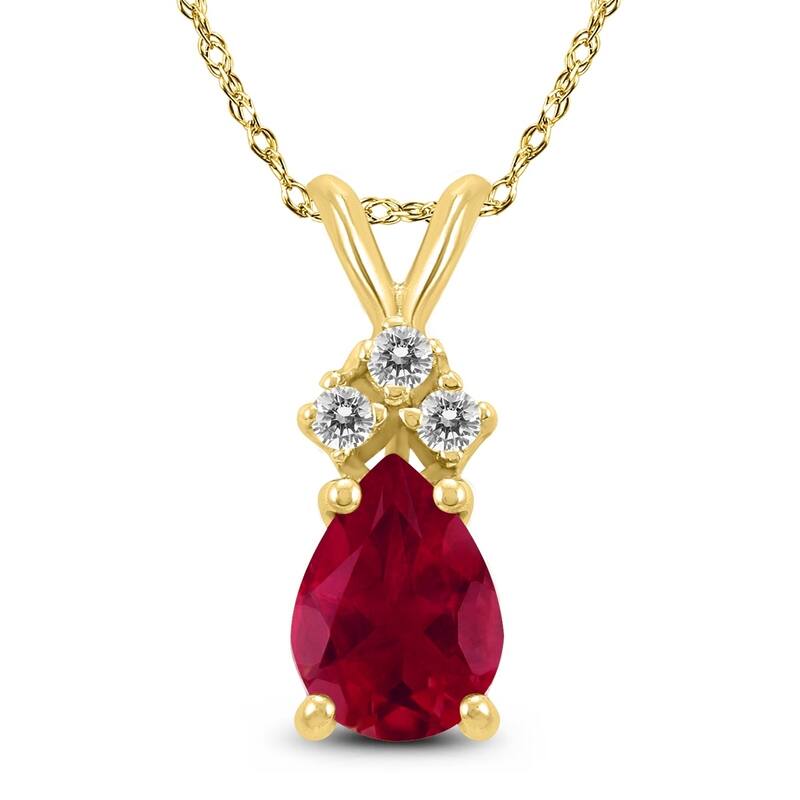 14K Yellow Gold 6x4MM Pear Ruby and Diamond Pendant