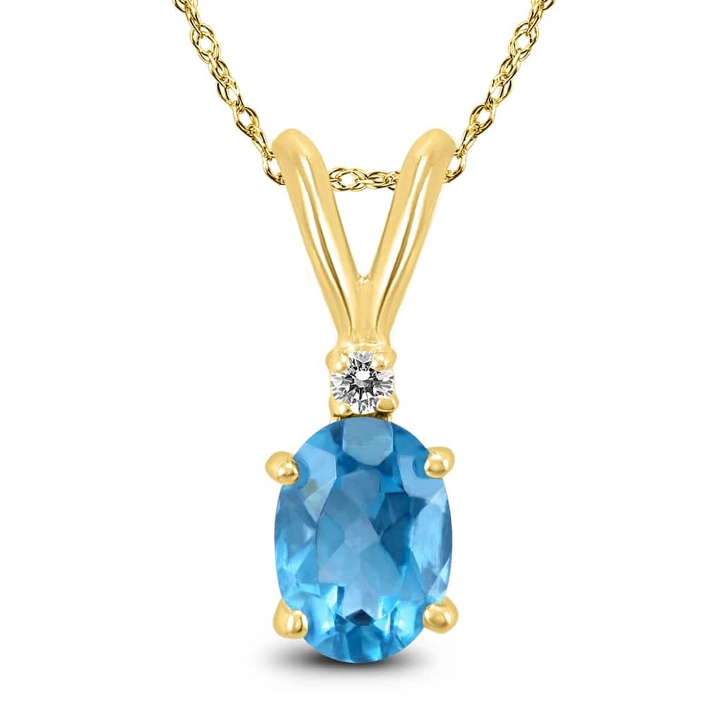 14K Yellow Gold 8x6MM Oval Blue Topaz and Diamond Pendant