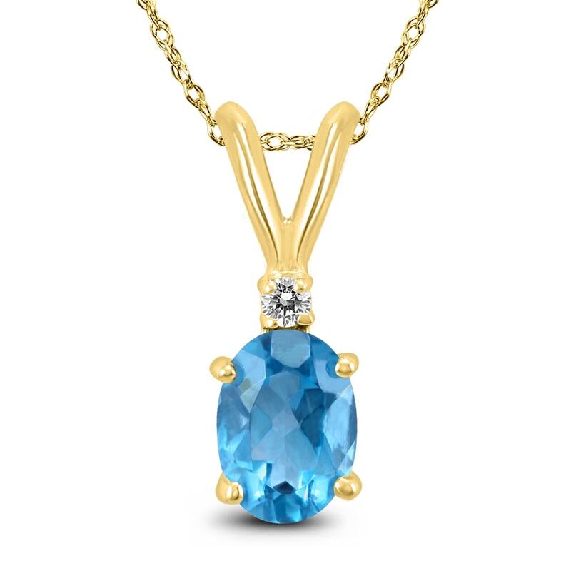 14K Yellow Gold 8x6MM Oval Blue Topaz and Diamond Pendant
