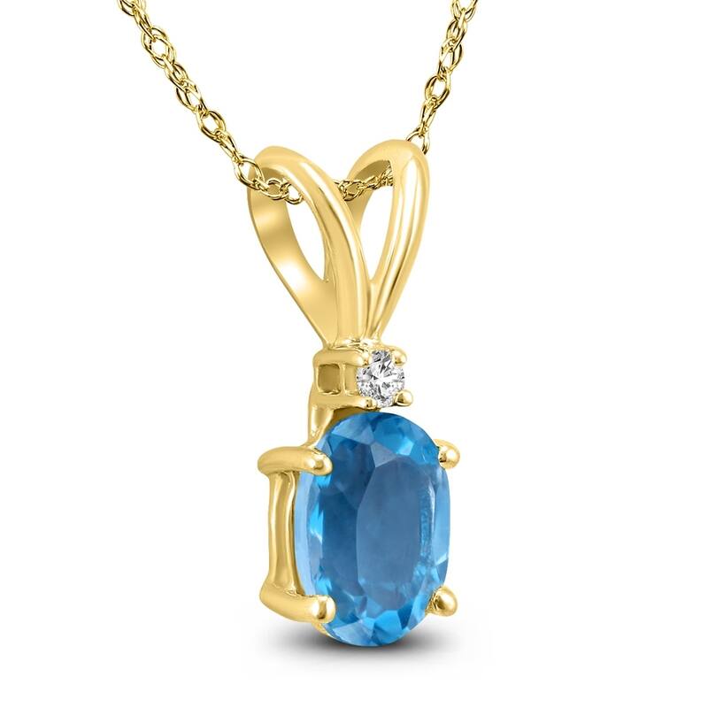 14K Yellow Gold 8x6MM Oval Blue Topaz and Diamond Pendant