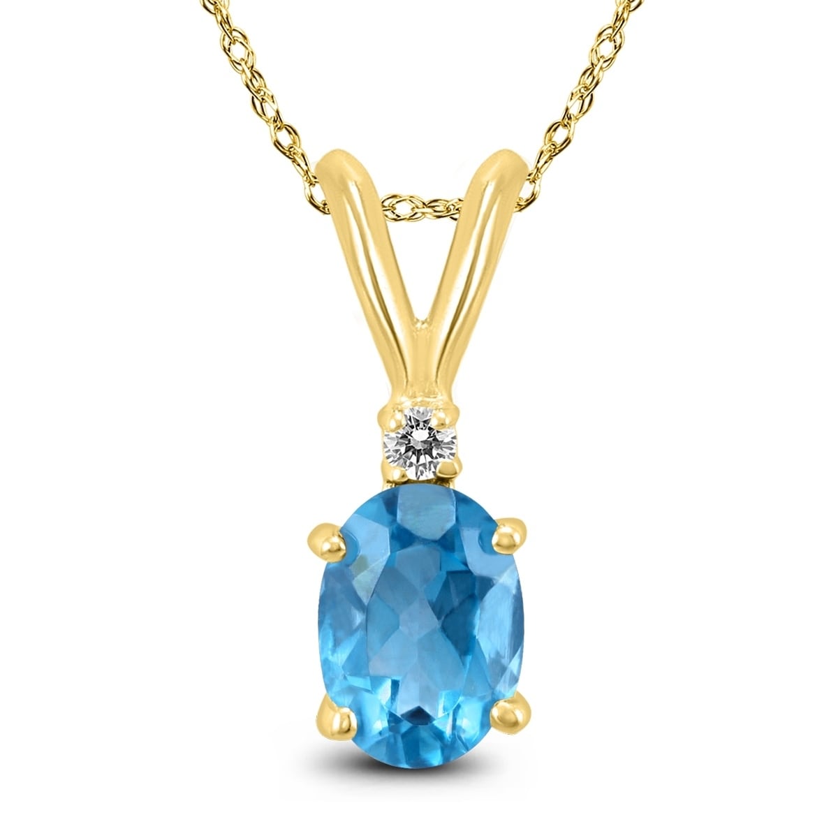14K Yellow Gold 8x6MM Oval Blue Topaz and Diamond Pendant