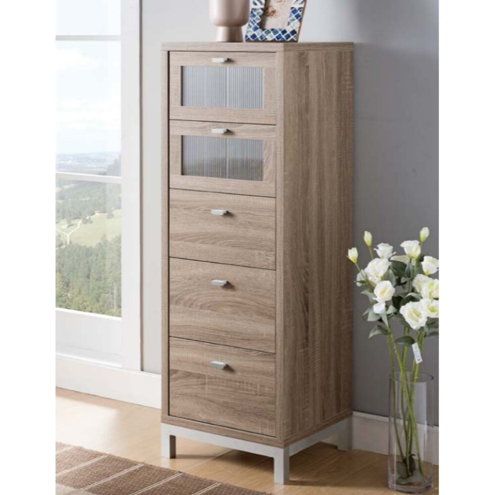 Benzara Five Drawers Wooden Utility Cabinet with Metal Handles, Light Brown and Silver (Brown)