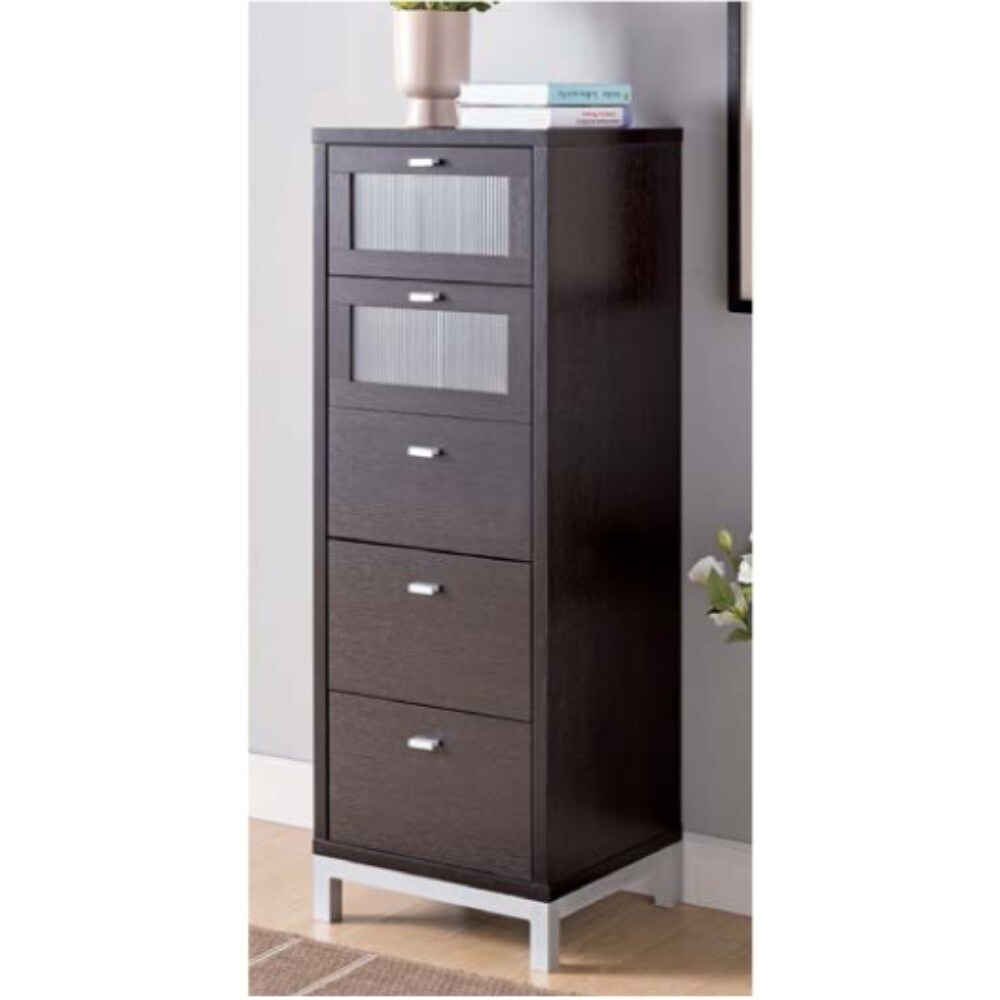 Benzara Wooden Five Drawers Utility Cabinet with Metal Base, Brown and Silver (Brown)