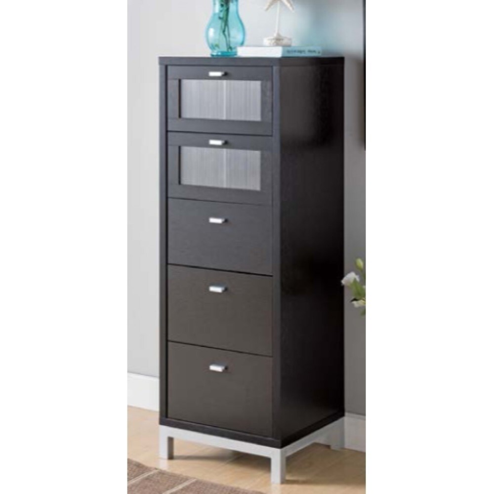 Benzara Wooden Five Drawers Utility Cabinet with Metal Handles, Black and Silver