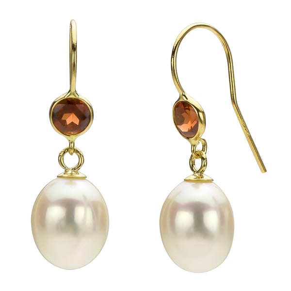 DaVonna 14k Gold White FW Pearl and Garnet Drop Earrings (7-7.5 mm ...