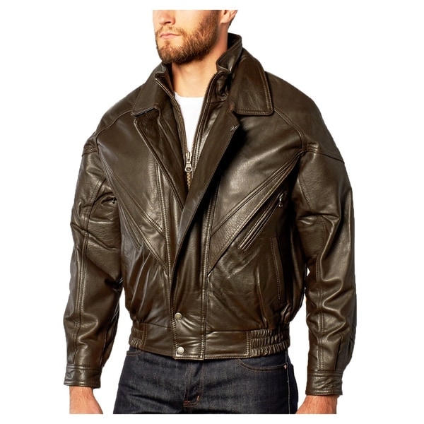 Brown Double Collar Moto Lamb Leather Bomber Jacket - On Sale