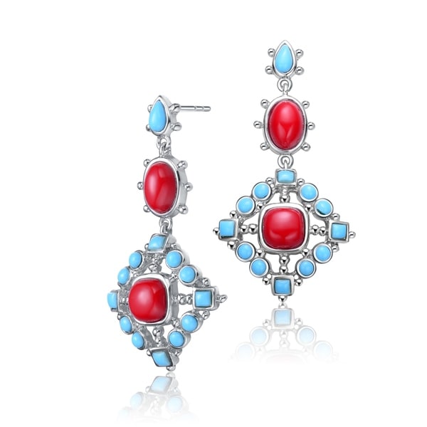 Collette Z Sterling Silver with Rhodium Plated Red Cushion Coral with Blue Round Turquoise Square Drop Earrings. Opens flyout.