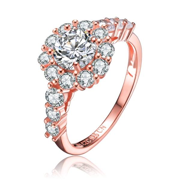 Round Vintage Halo Design Rose Gold Plated Engagement .925 Sterling Silver Ring