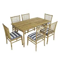 Dining Set Of 6 White Blue Stripes Bamboo Chairs Rectangular Table