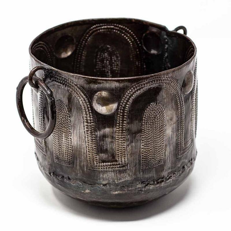 The Curated Nomad Haitia Handmade Hammered Metal Round Container with Handles
