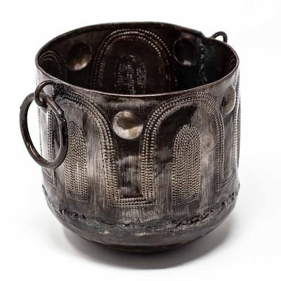 The Curated Nomad Haitia Handmade Hammered Metal Round Container with Handles
