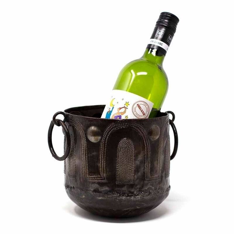 The Curated Nomad Haitia Handmade Hammered Metal Round Container with Handles