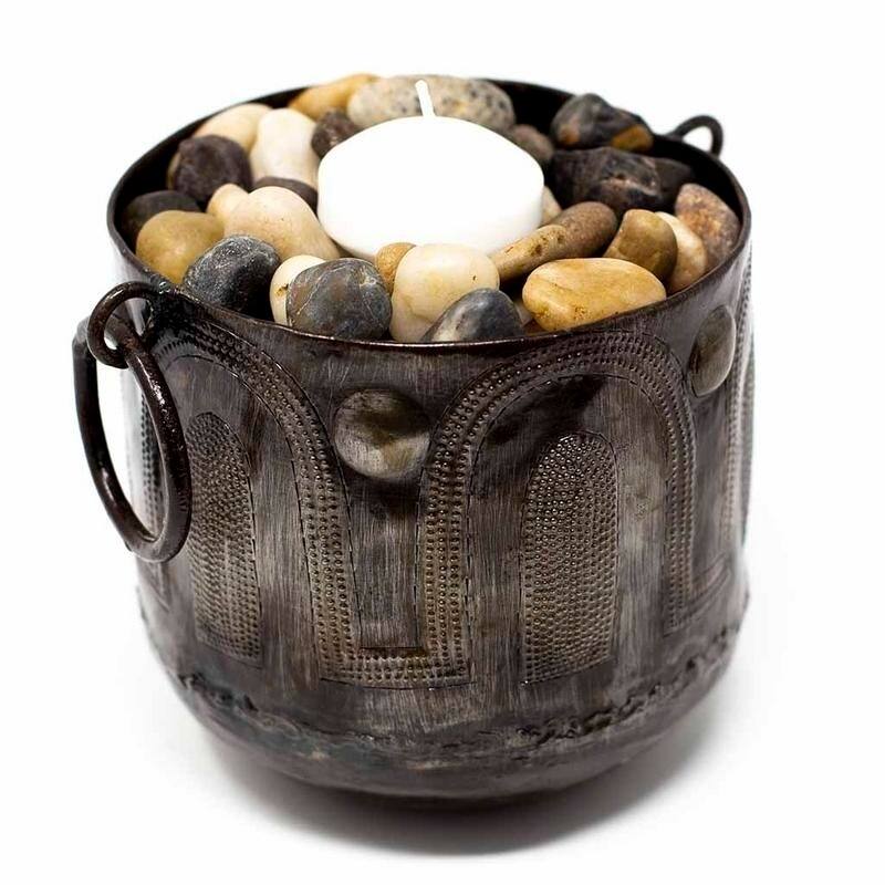 The Curated Nomad Haitia Handmade Hammered Metal Round Container with Handles