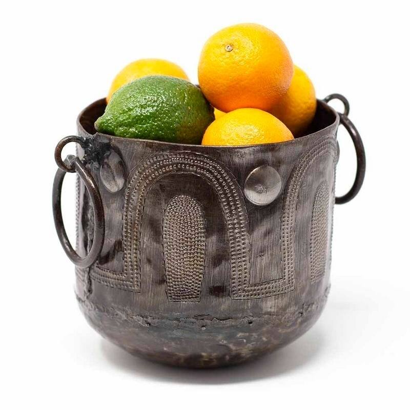The Curated Nomad Haitia Handmade Hammered Metal Round Container with Handles