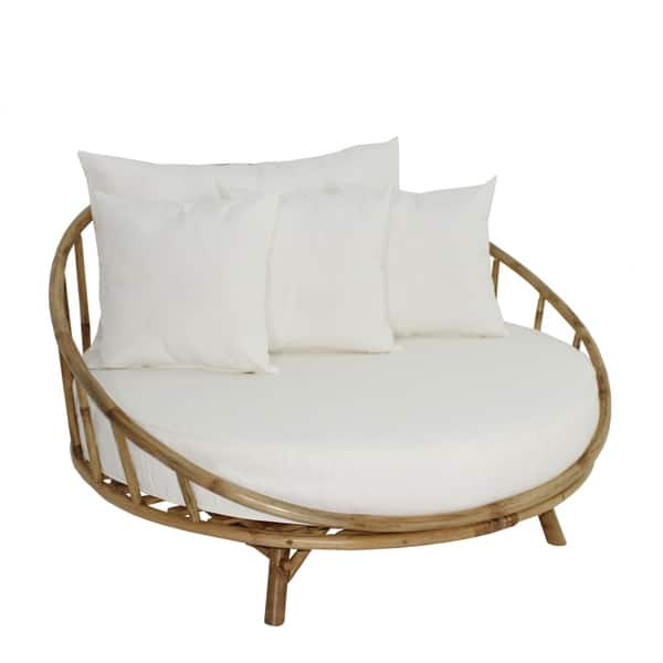 Bamboo Large Round Accent Sofa Chair Natural Color With White Cushion