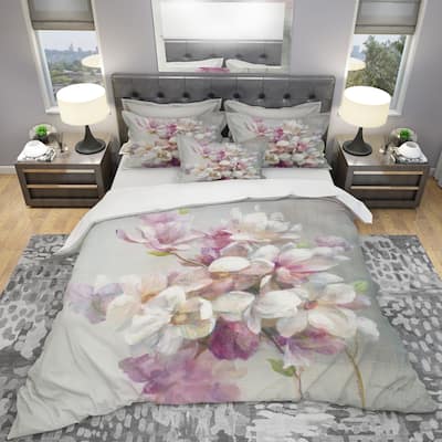 Designart 'Pink Magnolia Flowers' Shabby Bedding Set - Duvet Cover & Shams