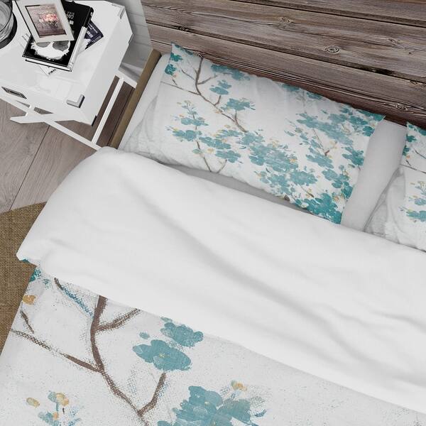 Designart Teal Cherry Blossoms Ii Farmhouse Bedding Set Duvet Cover Shams On Sale Overstock 25971401