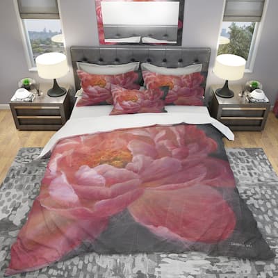 Designart 'Vivid Pink Peonies I' Shabby Bedding Set - Duvet Cover & Shams