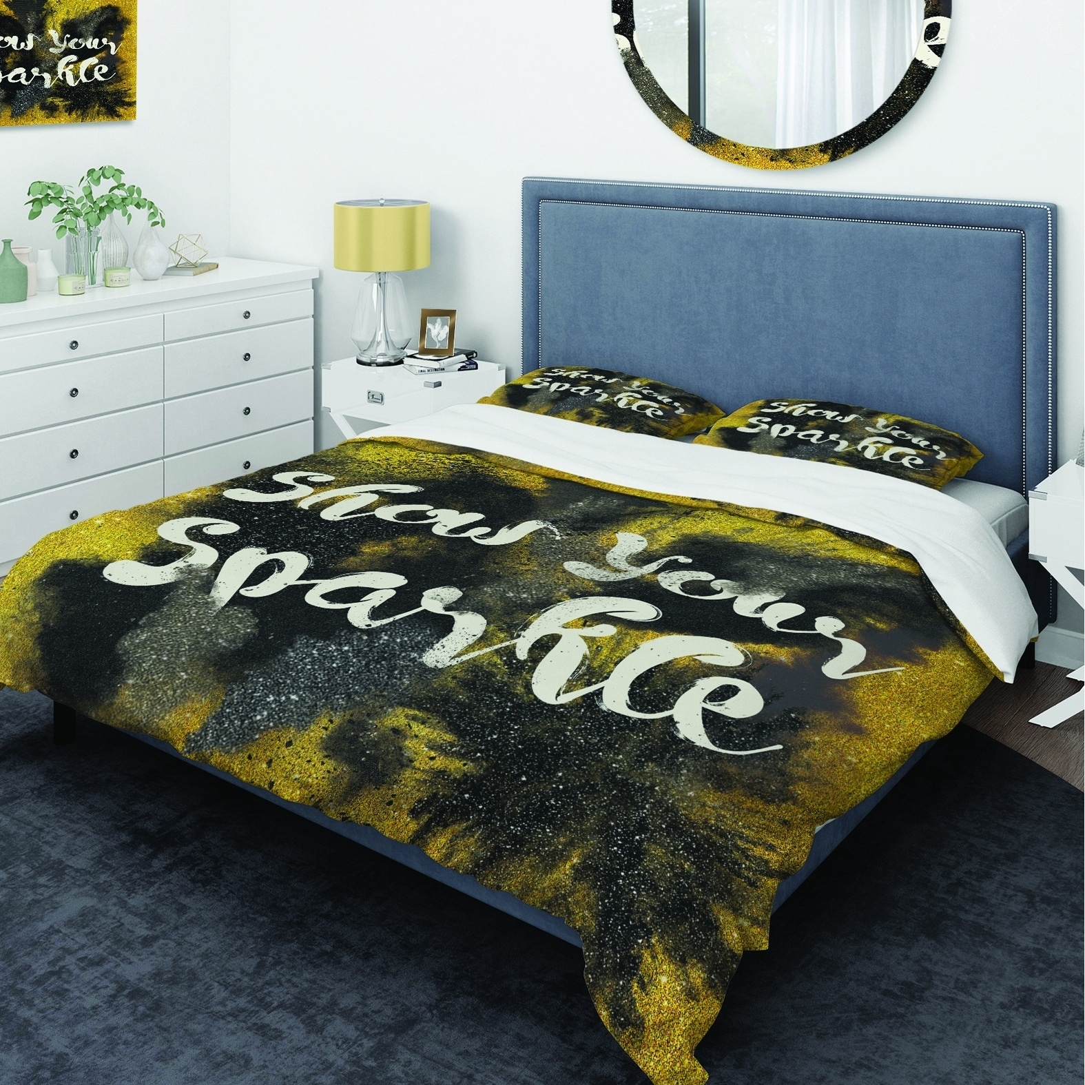 Designart Show Your Sparkle Quote Black On Gold Glam Bedding Set Duvet Cover Shams Overstock 25971648