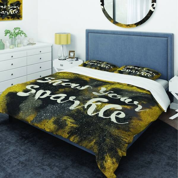 slide 1 of 6, Designart 'Show Your Sparkle Quote Black on Gold' Glam Bedding Set - Duvet Cover & Shams