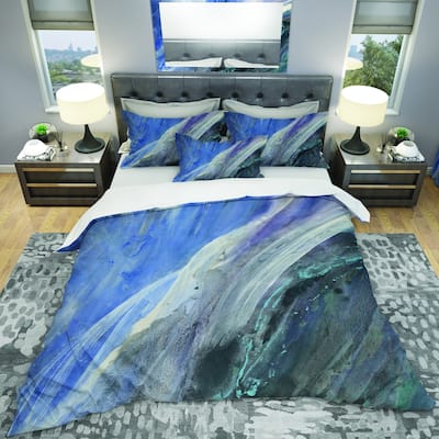 Designart 'Black And Blue Abstract Water Painting' Geometric Bedding Set - Duvet Cover & Shams