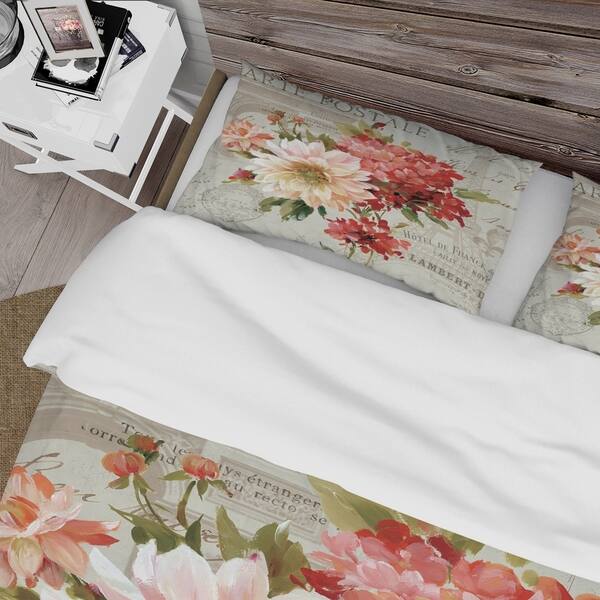 Shop Designart Red Painted Flowers On Vintage Postcard I Cottage Bedding Set Duvet Cover Shams Overstock 25971720 Color pencil drawing rose painting bed sheet painting design fabric painting painting patterns stencil painting decorative painting floral art flower drawing. overstock com