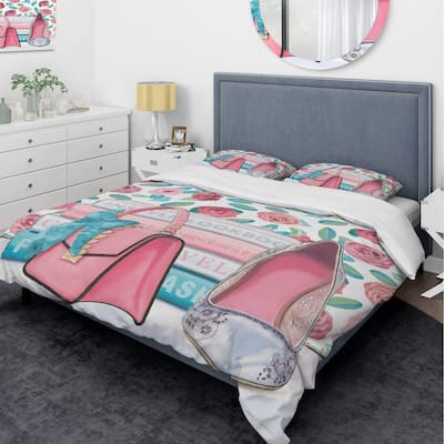 Designart 'Pink Fashion high heels I' Glam Bedding Set - Duvet Cover & Shams