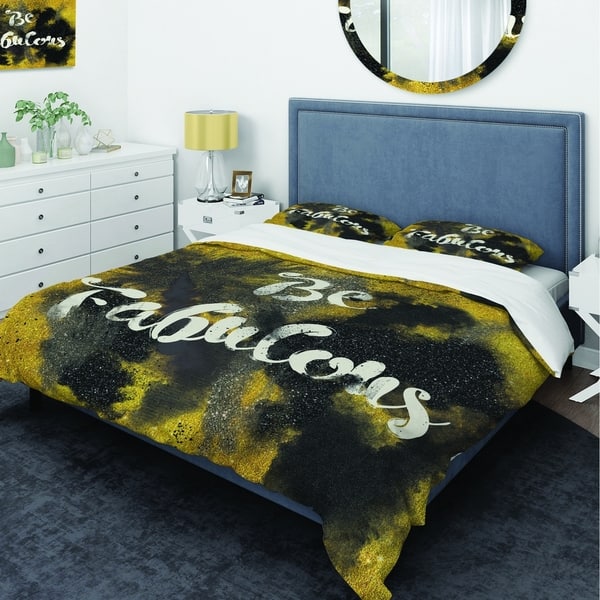 Designart Be Fabulous Quote Black On Gold Glam Bedding Set Duvet Cover Shams Overstock 25971784