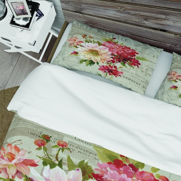 Designart Red Painted Flowers On Vintage Postcard Iii Cottage Bedding Set Duvet Cover Shams On Sale Overstock 25971788 overstock com
