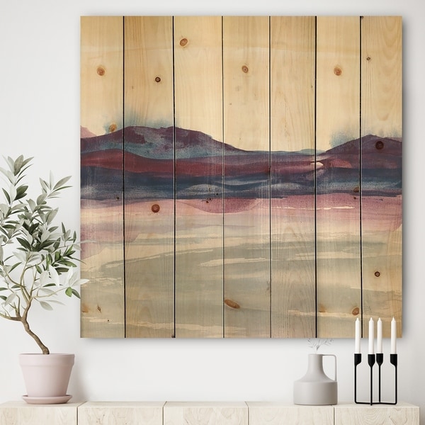 Designart 'Purple Rock landscape II' Shabby Chic Print on Natural Pine Wood - Grey/Blue
