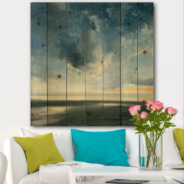 Designart 'Blue Coastal Sunrise' Landscape & Nature Print on Natural Pine Wood - Blue