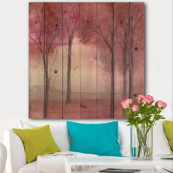 Designart 'Pink Forest' Traditional Landscape Print on Natural Pine Wood - Pink/Red