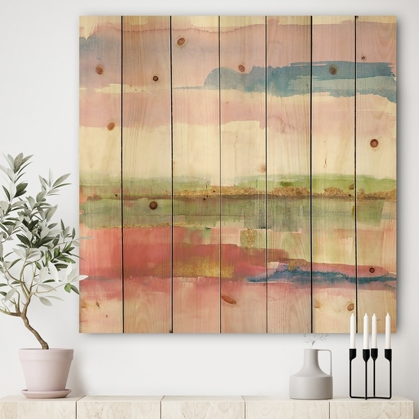 Designart 'Influence of Line and Color Gold Bright' Shabby Chic Print on Natural Pine Wood - Multi-color