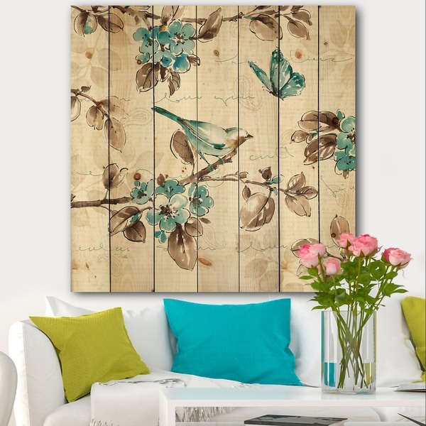 Designart 'Beige Bird Wings III' Traditional Print on Natural Pine Wood - Blue