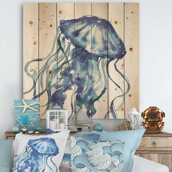 Designart 'Blue Deep Sea X' Coastal Print on Natural Pine Wood - Blue