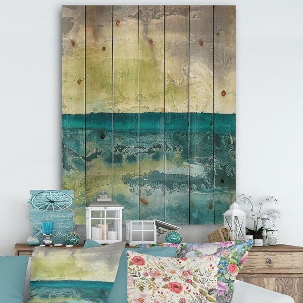Designart 'Beyond the Horizon I' Traditional Landscape Print on Natural Pine Wood - Blue