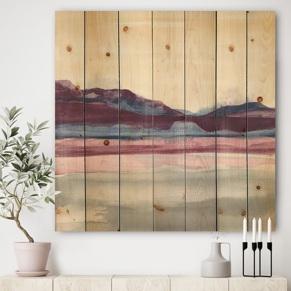 Designart 'Purple Rock landscape' Shabby Chic Print on Natural Pine Wood - Grey/Blue